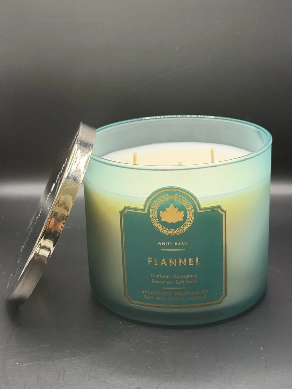BBW/White Barn “Flannel” 3-Wick Soy Wax 14.5 OZ Candle - Teal Frosted Glass - Picture 3 of 5
